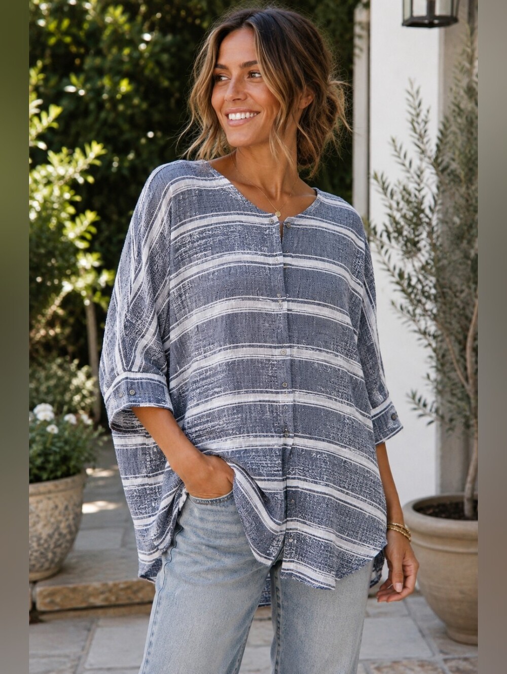 We The Free Free People One of the Boys Tunic Oversized Striped Button Top Boho
